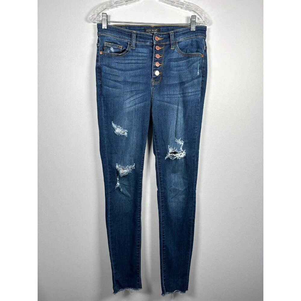 Judy Blue 9/29 Distressed Blue Jeans Skinny Fit‎ Button Fly Stretch High Rise